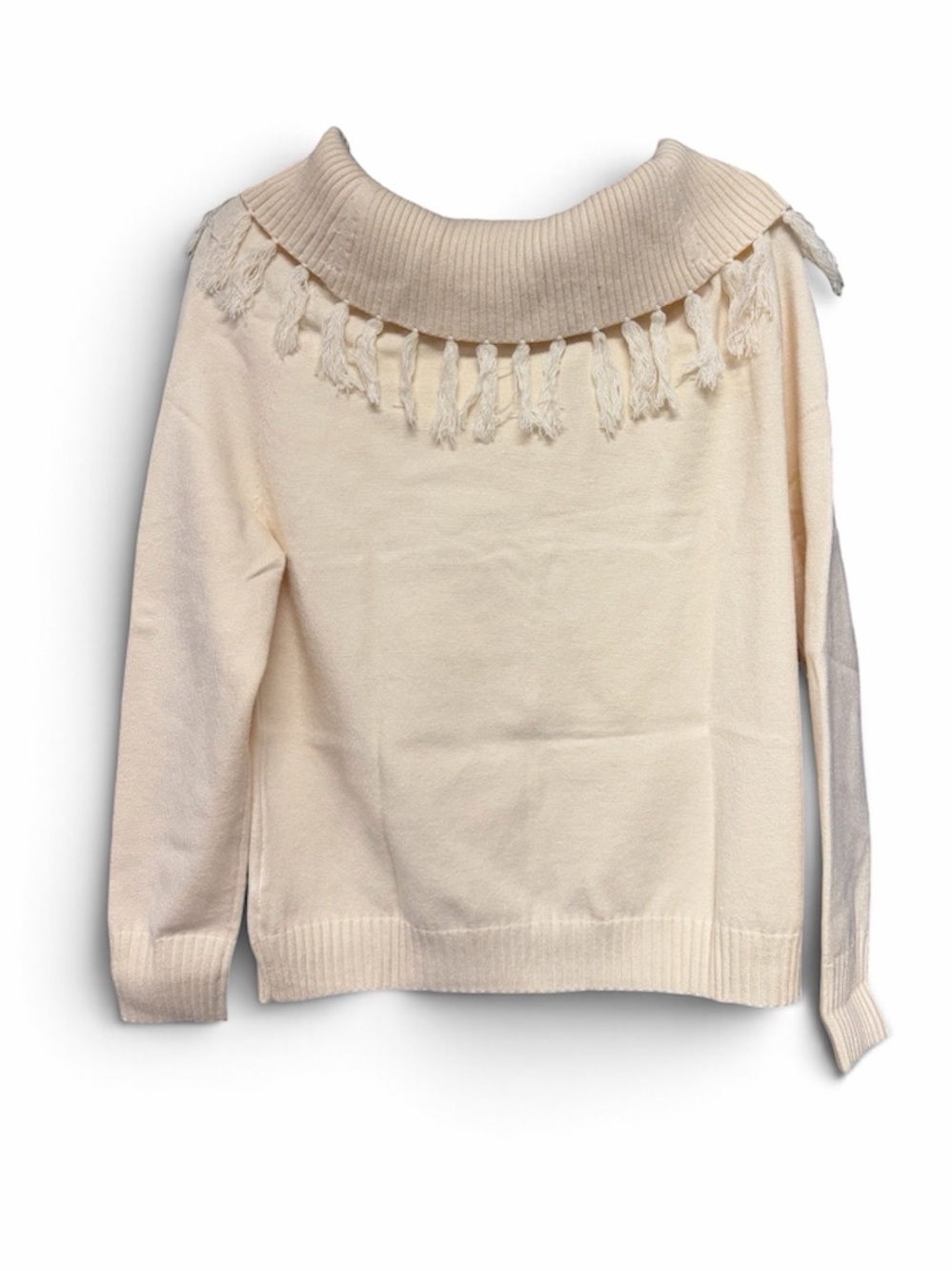 Cream Cowl Neck Sweater With Fringe Details Off Shoulder Design Size Large